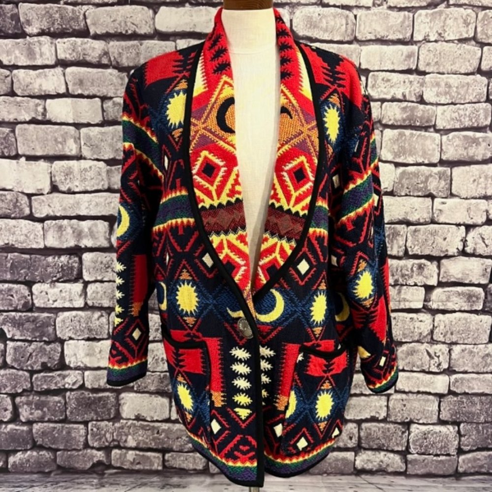 Boho Geometric Open-Front Cardigan Jacket - Red Multi